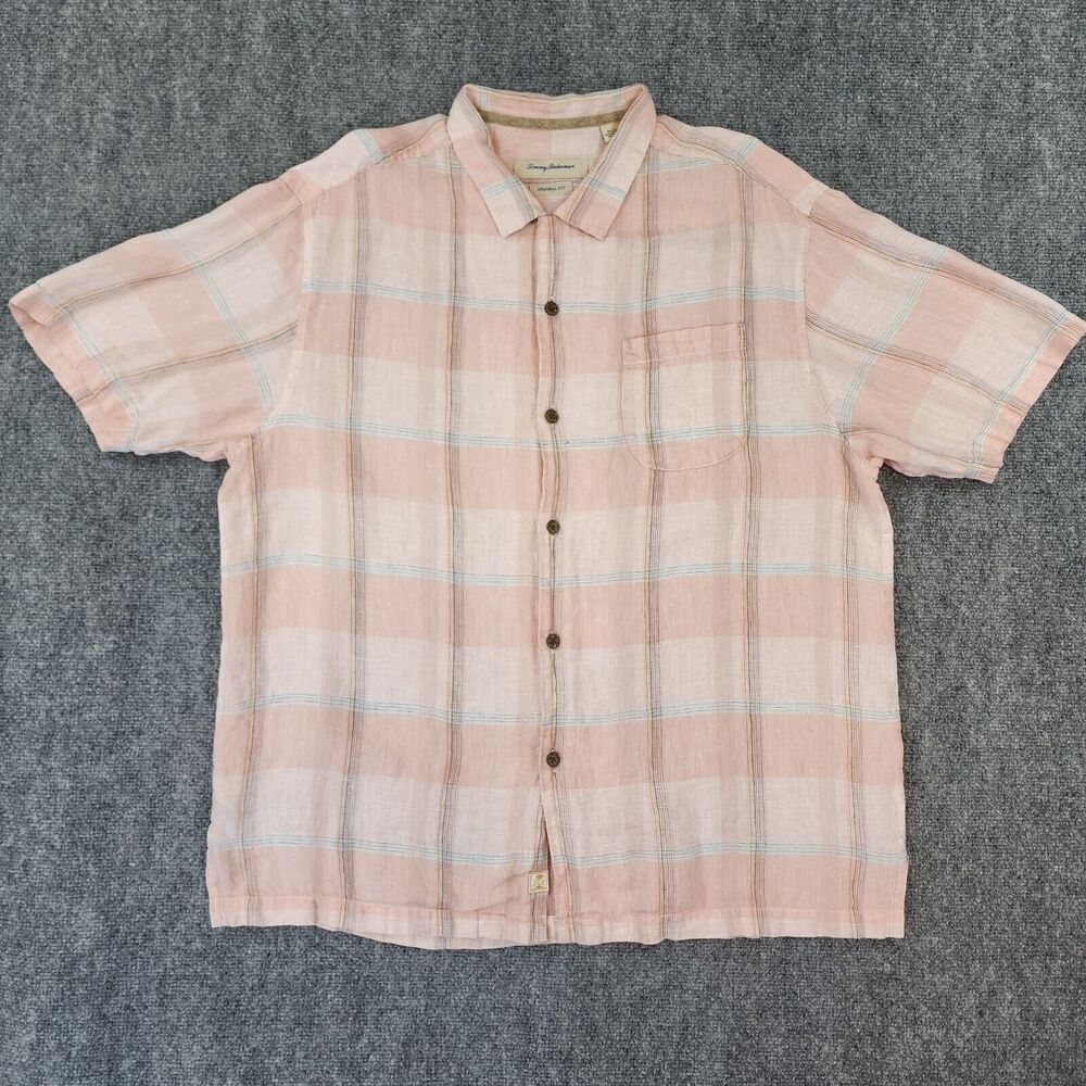 Tommy Bahama Shirt Mens XL Plaid Linen Camp Loop Collar Coconut Buttons Sur Mer